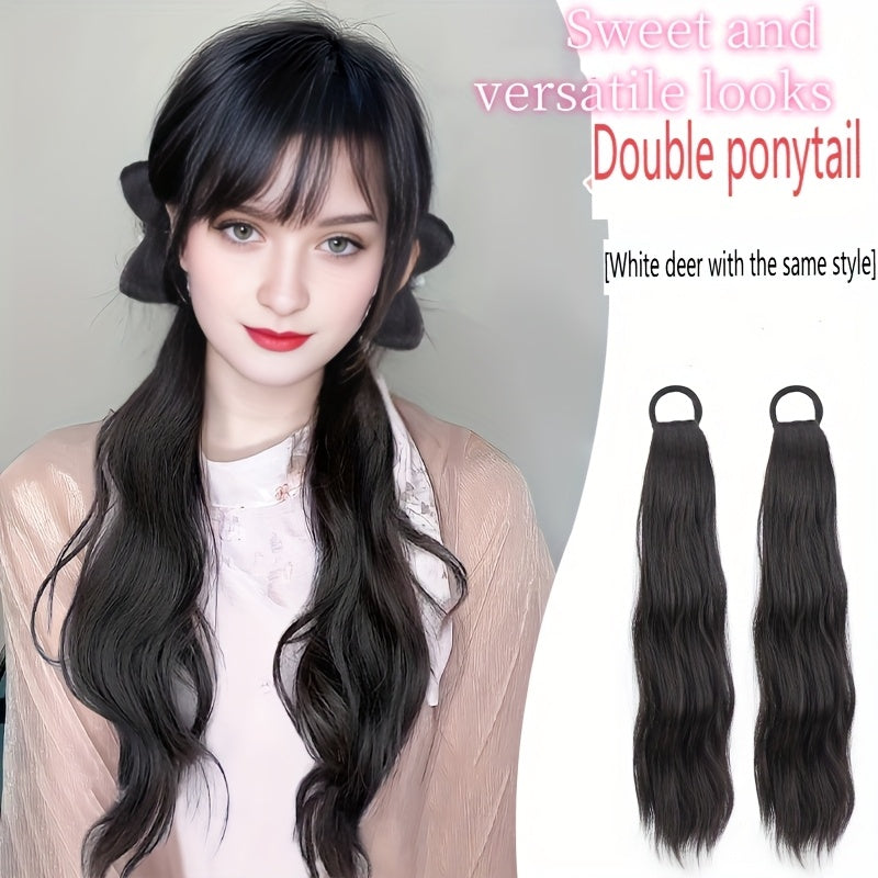 2pcs Elegant Water Wave Ponytail Extensions for Women, 20 Inch High Temperature Fiber, Natural Curl, Elastic Band, Versatile Styling Options, Suitable for All Ages, Ponytail Hair Extensions
