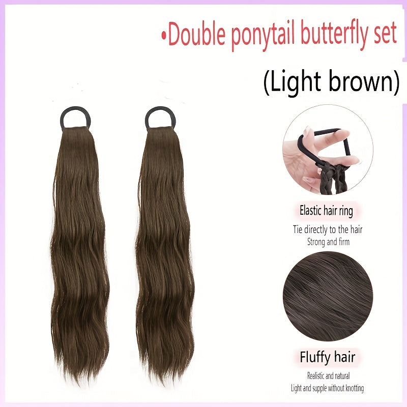 2pcs Elegant Water Wave Ponytail Extensions for Women, 20 Inch High Temperature Fiber, Natural Curl, Elastic Band, Versatile Styling Options, Suitable for All Ages, Ponytail Hair Extensions