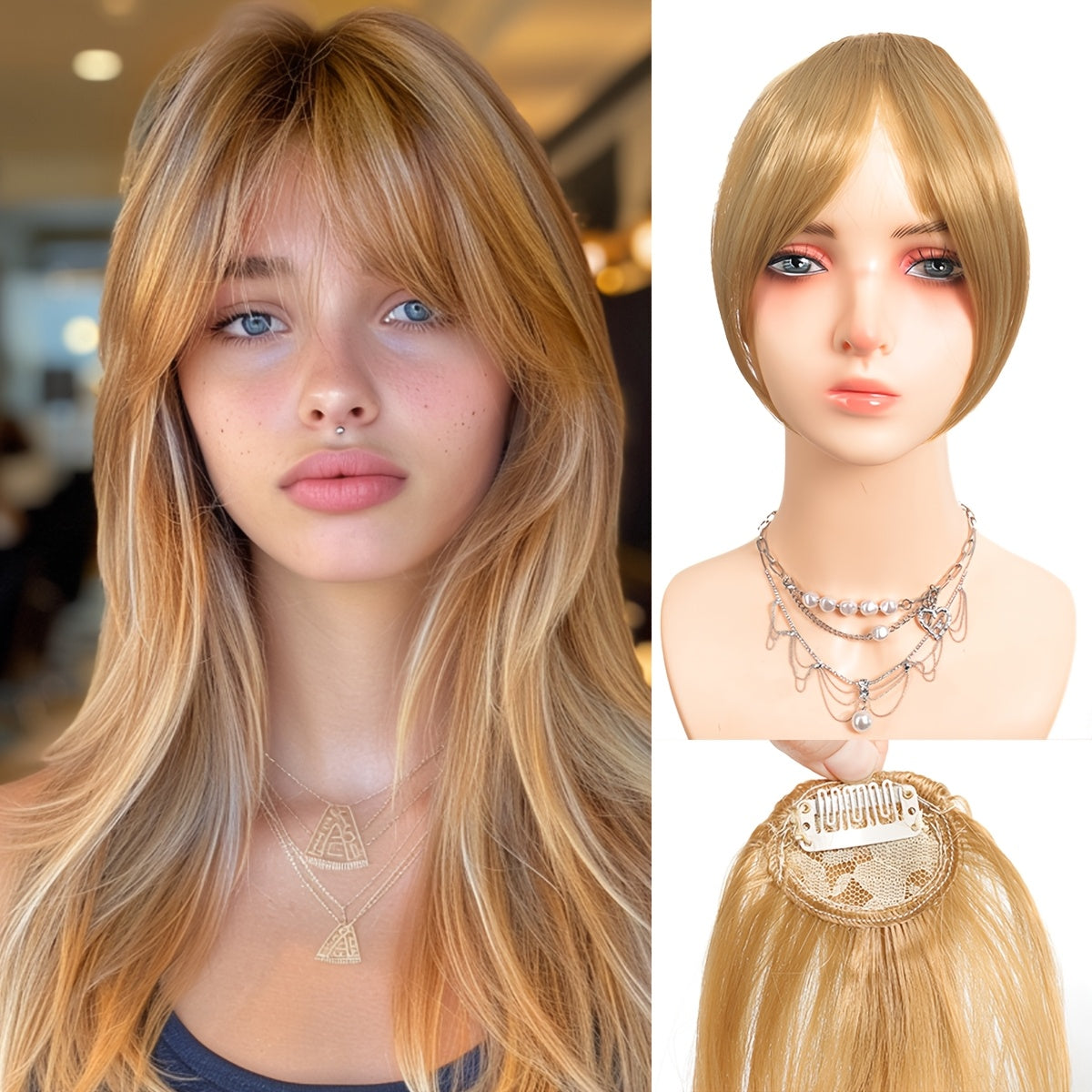 Chic Look| Elegant Brown & Blonde Clip-In Bangs Wig for Women - Fluffy Synthetic Hair with Natural Side Fringe, High-Temperature Resistant, Versatile Styling Options, Short Hair Wig
