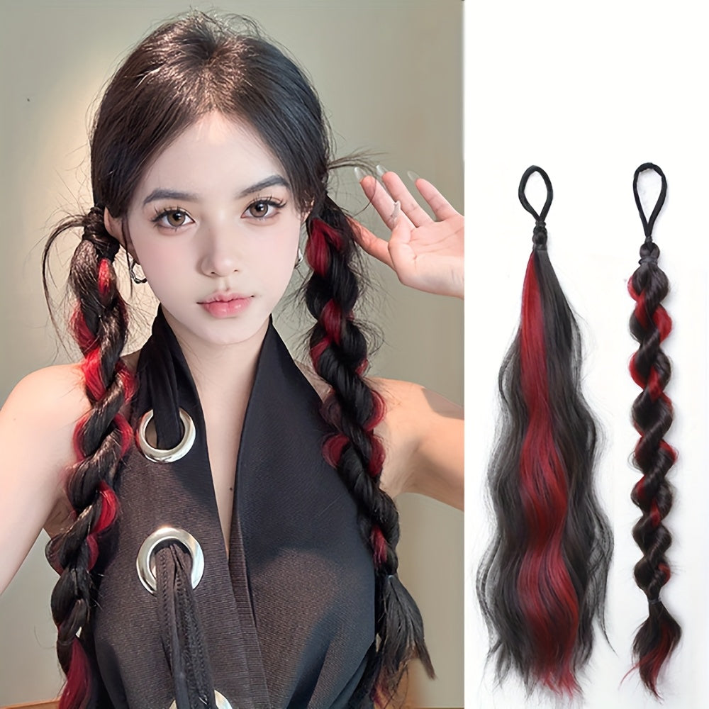2pcs Long Wavy Highlight Color Braided Ponytail for Women Synthetic Wigs with Rubber Bands Curly Ponytail Extensions Elastic Hair Band