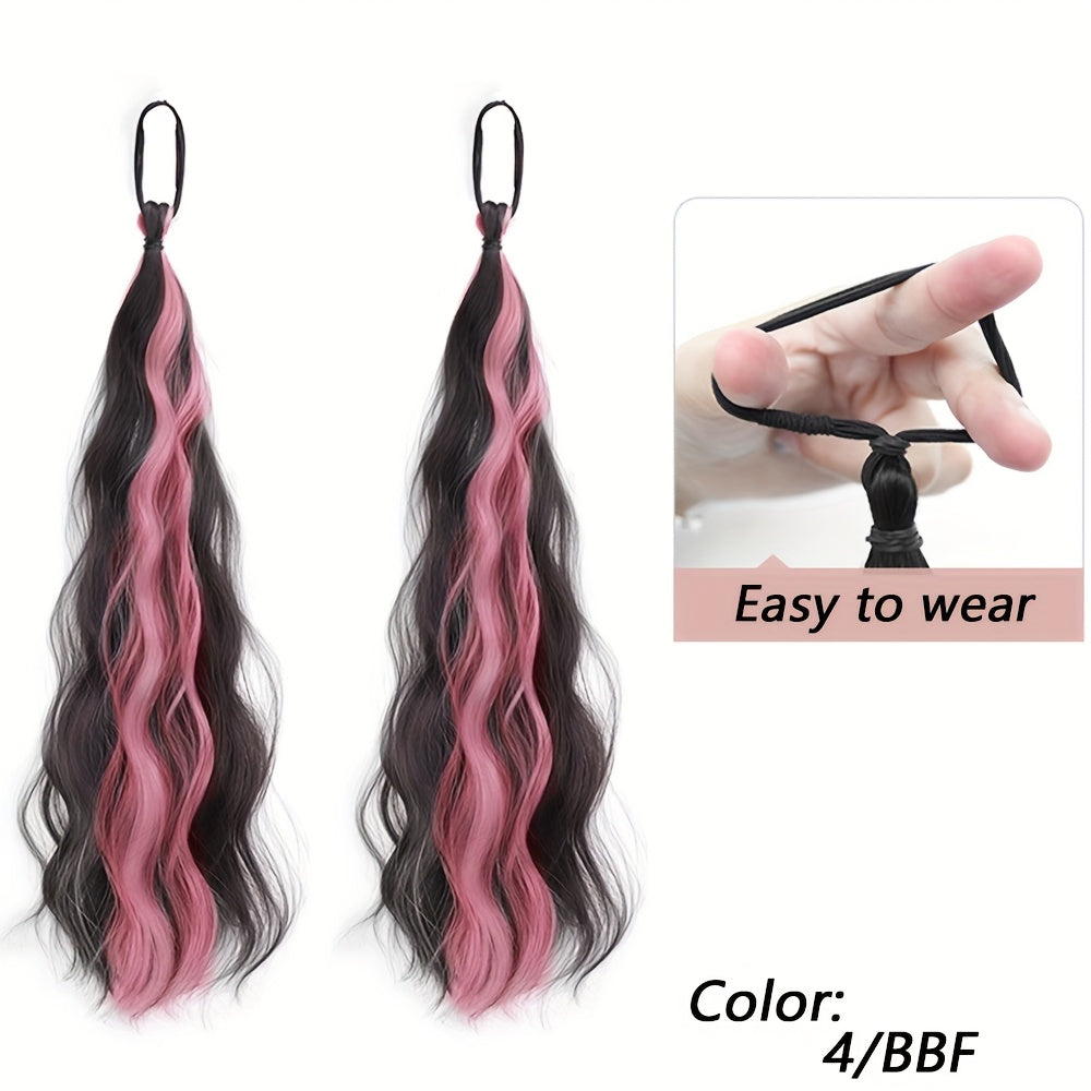 2pcs Long Wavy Highlight Color Braided Ponytail for Women Synthetic Wigs with Rubber Bands Curly Ponytail Extensions Elastic Hair Band
