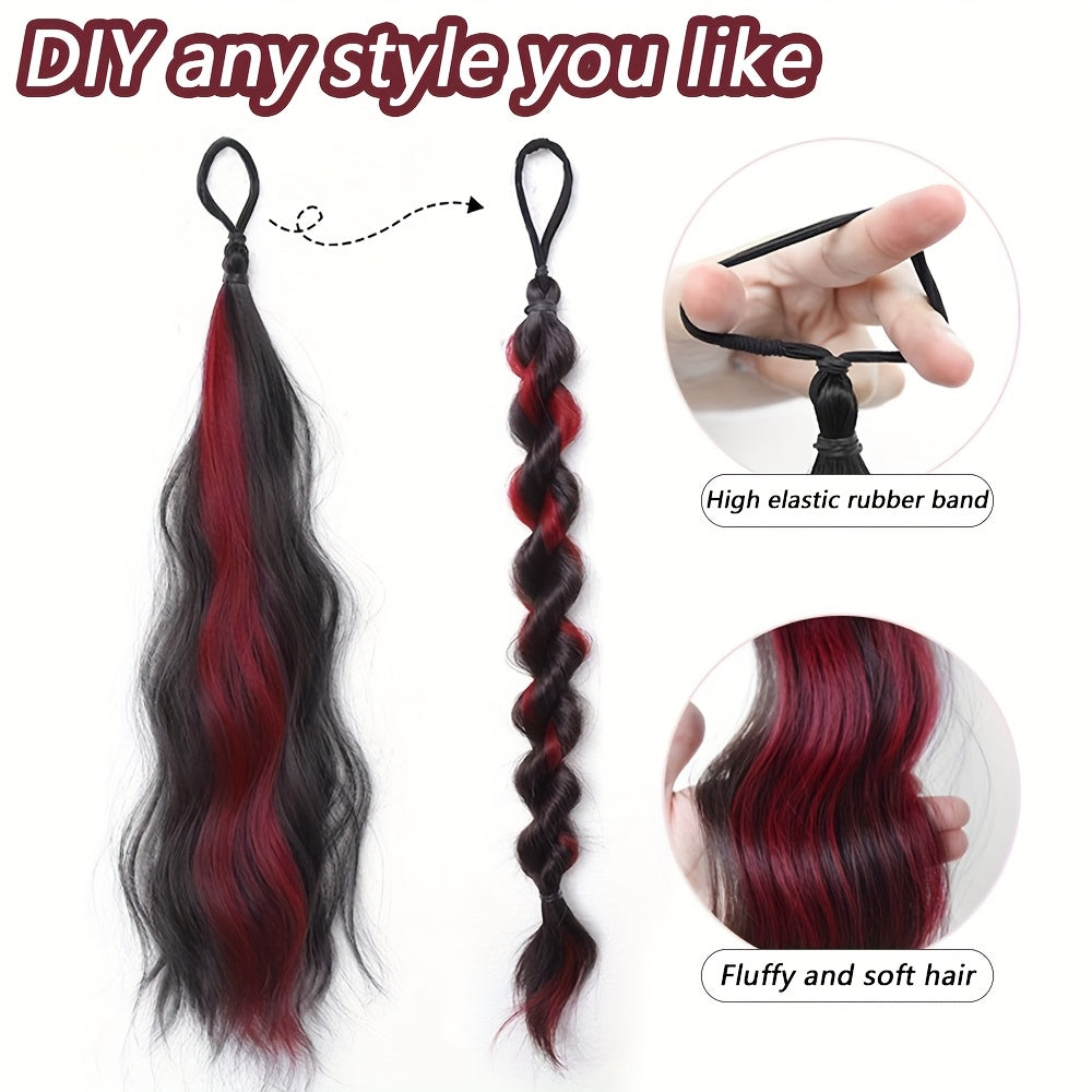 2pcs Long Wavy Highlight Color Braided Ponytail for Women Synthetic Wigs with Rubber Bands Curly Ponytail Extensions Elastic Hair Band