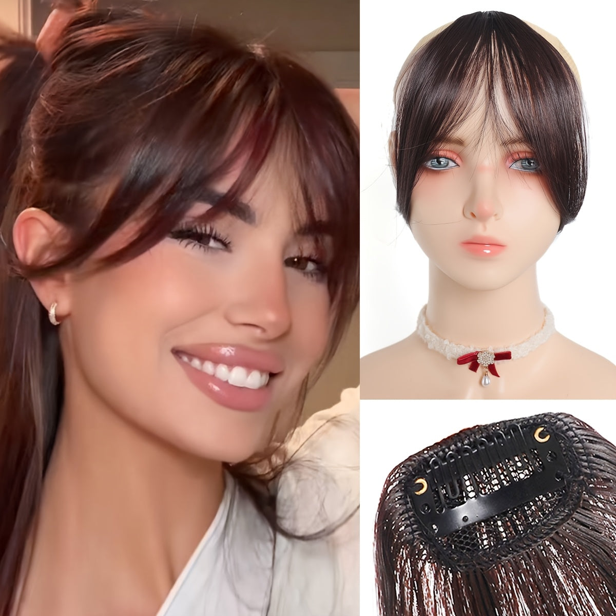 Chic Look| Elegant Brown & Blonde Clip-In Bangs Wig for Women - Fluffy Synthetic Hair with Natural Side Fringe, High-Temperature Resistant, Versatile Styling Options, Short Hair Wig