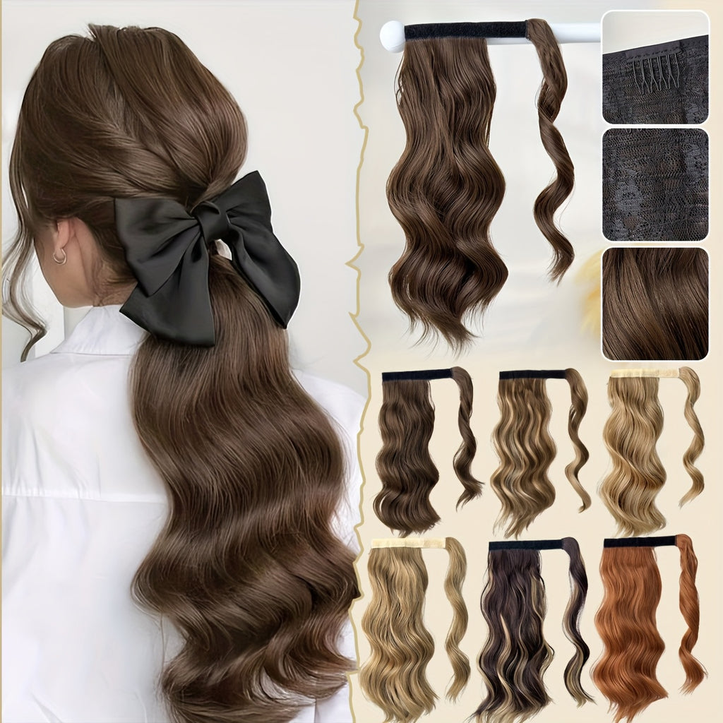 Clip Style Golden Ponytail Extension Wrap - Dark Brown Body Wave Synthetic Hair, 35.56 cm Heat-Resistant Hard Hairpiece for Women & Girls, Daily Use Ponytail Wrap for Volume & Texture, Ponytail Hair Extensions, Secure Clip Attachment