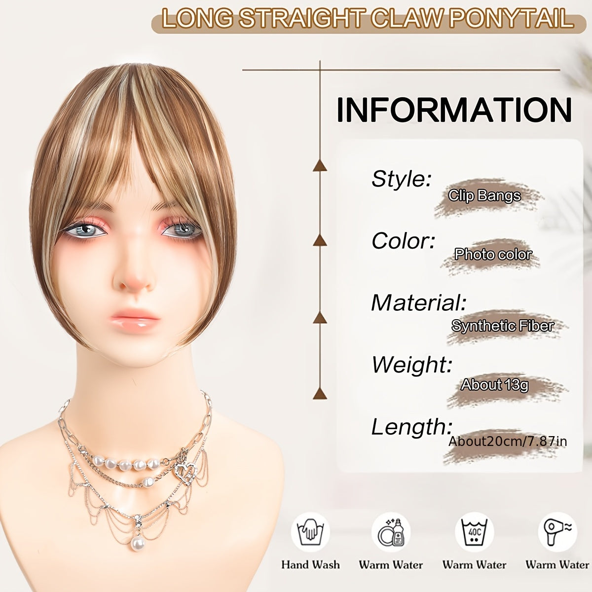 Chic Look| Elegant Brown & Blonde Clip-In Bangs Wig for Women - Fluffy Synthetic Hair with Natural Side Fringe, High-Temperature Resistant, Versatile Styling Options, Short Hair Wig