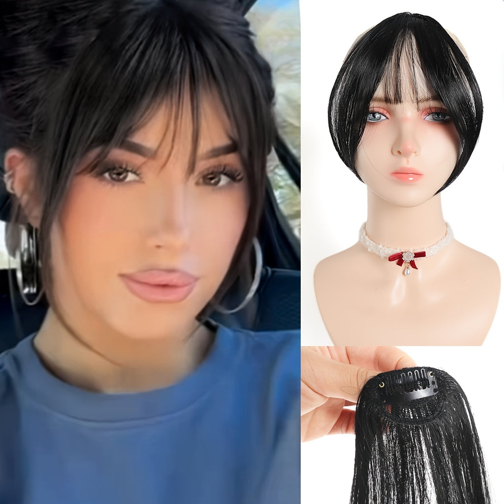 Chic Look| Elegant Brown & Blonde Clip-In Bangs Wig for Women - Fluffy Synthetic Hair with Natural Side Fringe, High-Temperature Resistant, Versatile Styling Options, Short Hair Wig