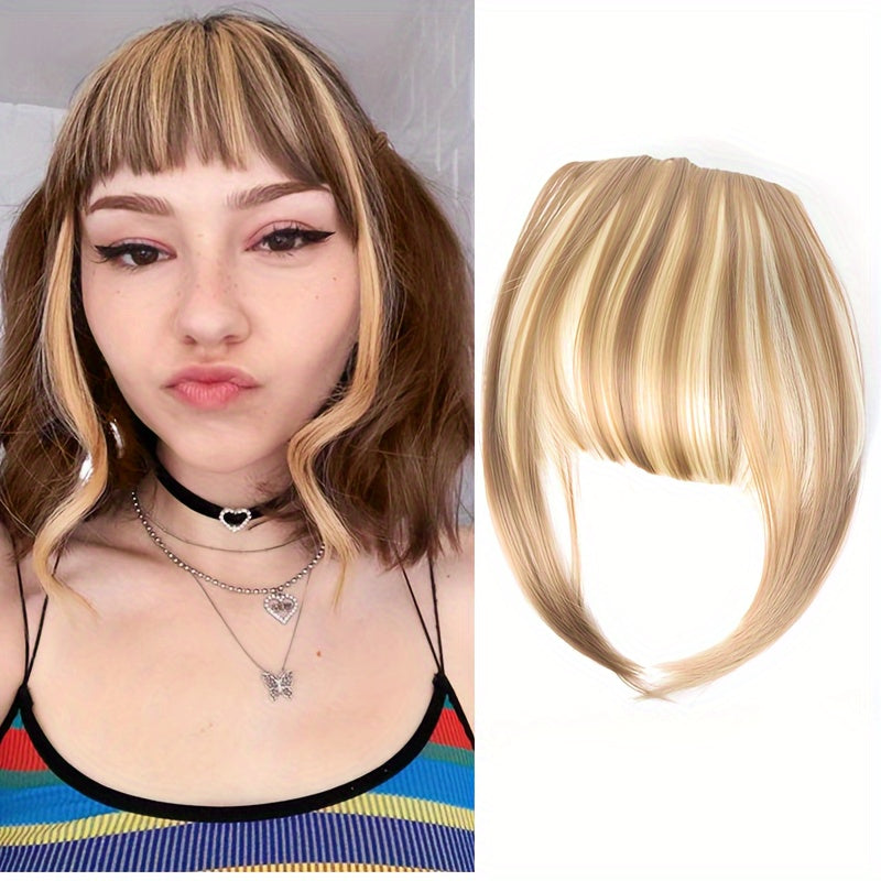 Chic Brown Clip-In Air Bangs for Women - Heat Resistant Synthetic Hair Extension with Neat Front Fringe, One Piece, Easy to Attach, Perfect for All Skin Tones