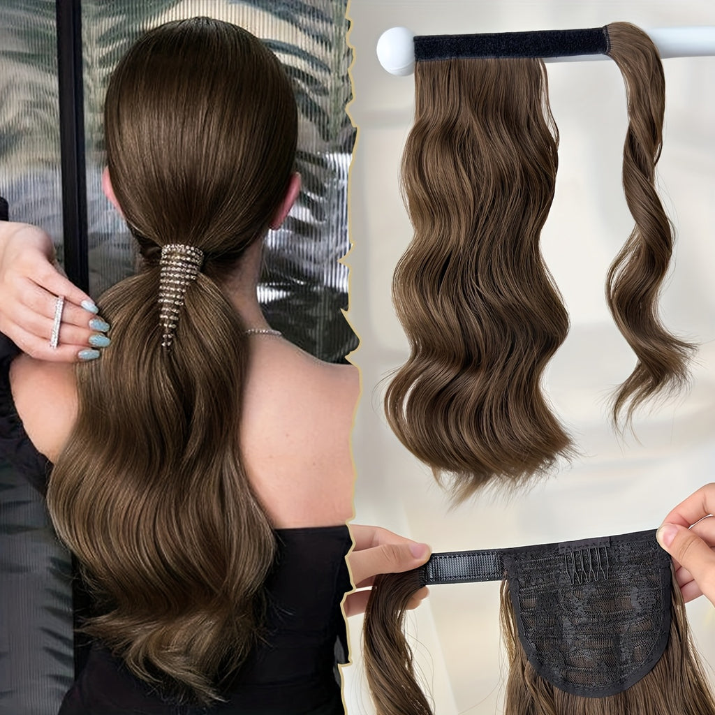 Clip Style Golden Ponytail Extension Wrap - Dark Brown Body Wave Synthetic Hair, 35.56 cm Heat-Resistant Hard Hairpiece for Women & Girls, Daily Use Ponytail Wrap for Volume & Texture, Ponytail Hair Extensions, Secure Clip Attachment