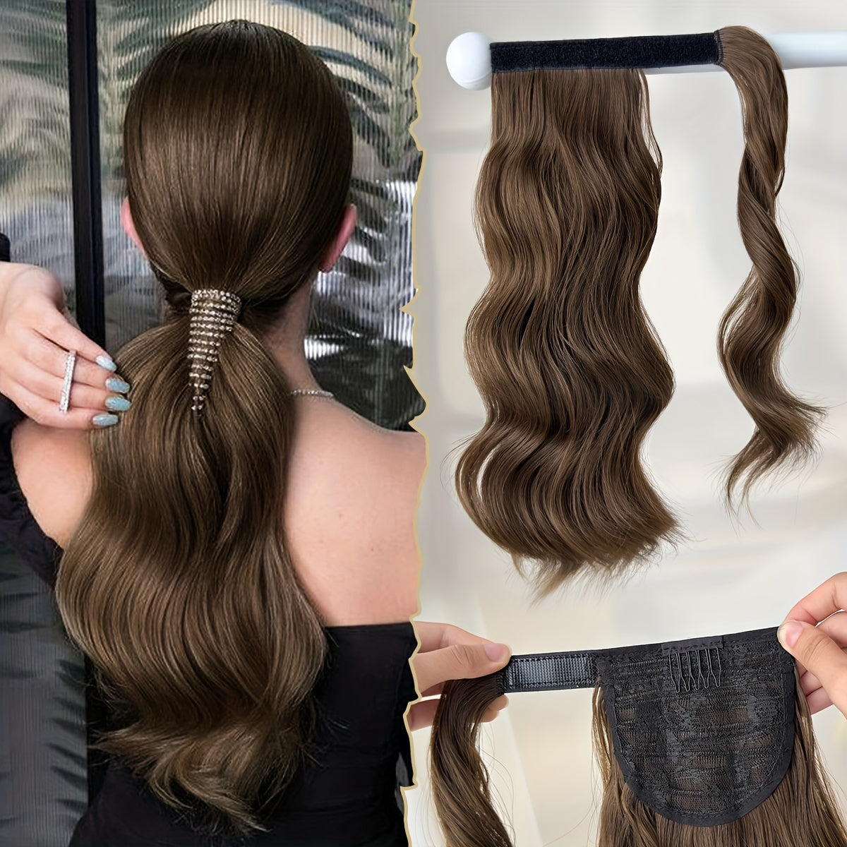 Clip Style Golden Ponytail Extension Wrap - Dark Brown Body Wave Synthetic Hair, 35.56 cm Heat-Resistant Hard Hairpiece for Women & Girls, Daily Use Ponytail Wrap for Volume & Texture, Ponytail Hair Extensions, Secure Clip Attachment