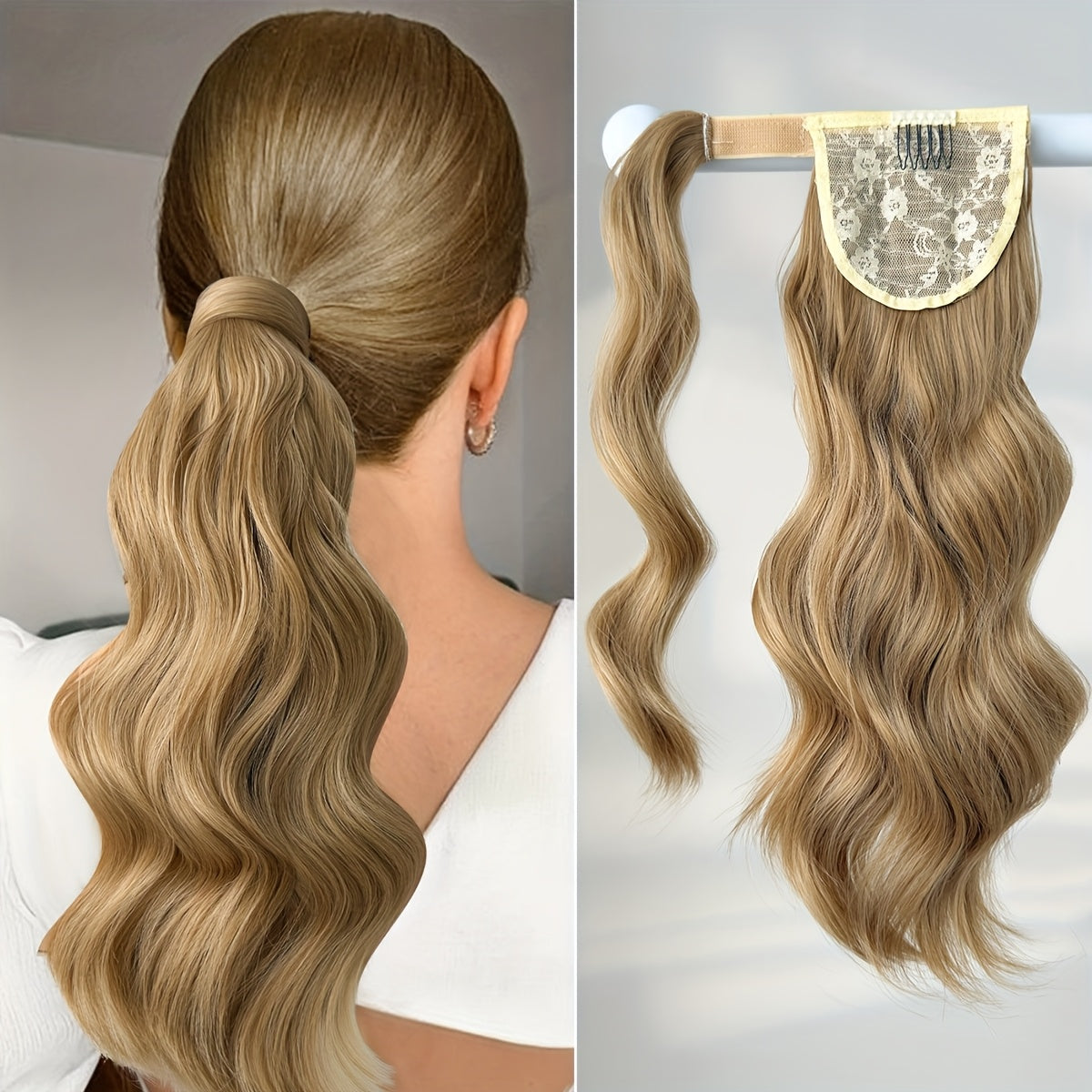 Clip Style Golden Ponytail Extension Wrap - Dark Brown Body Wave Synthetic Hair, 35.56 cm Heat-Resistant Hard Hairpiece for Women & Girls, Daily Use Ponytail Wrap for Volume & Texture, Ponytail Hair Extensions, Secure Clip Attachment