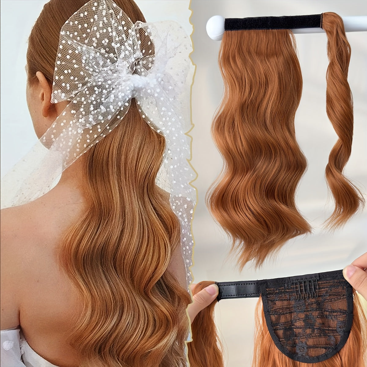 Clip Style Golden Ponytail Extension Wrap - Dark Brown Body Wave Synthetic Hair, 35.56 cm Heat-Resistant Hard Hairpiece for Women & Girls, Daily Use Ponytail Wrap for Volume & Texture, Ponytail Hair Extensions, Secure Clip Attachment