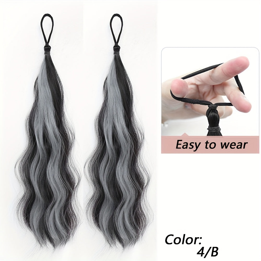 2pcs Long Wavy Highlight Color Braided Ponytail for Women Synthetic Wigs with Rubber Bands Curly Ponytail Extensions Elastic Hair Band