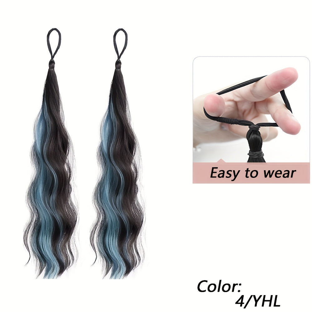 2pcs Long Wavy Highlight Color Braided Ponytail for Women Synthetic Wigs with Rubber Bands Curly Ponytail Extensions Elastic Hair Band