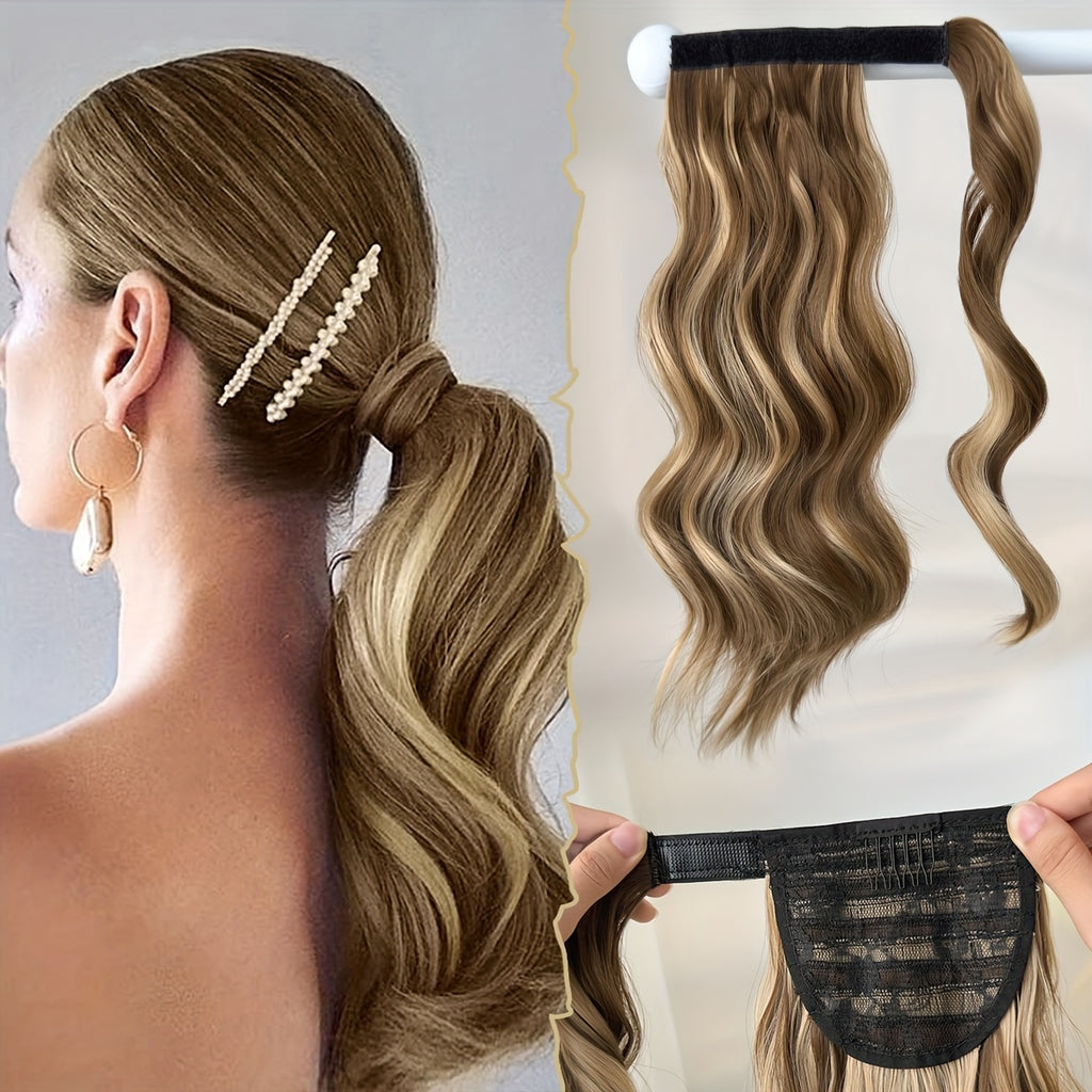 Clip Style Golden Ponytail Extension Wrap - Dark Brown Body Wave Synthetic Hair, 35.56 cm Heat-Resistant Hard Hairpiece for Women & Girls, Daily Use Ponytail Wrap for Volume & Texture, Ponytail Hair Extensions, Secure Clip Attachment