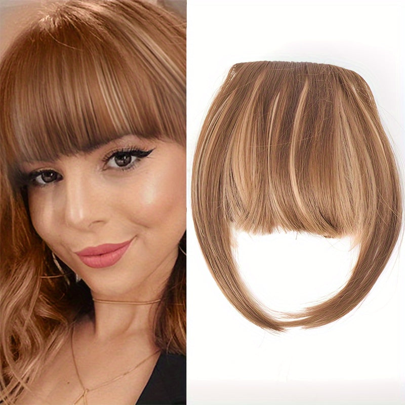 Chic Brown Clip-In Air Bangs for Women - Heat Resistant Synthetic Hair Extension with Neat Front Fringe, One Piece, Easy to Attach, Perfect for All Skin Tones