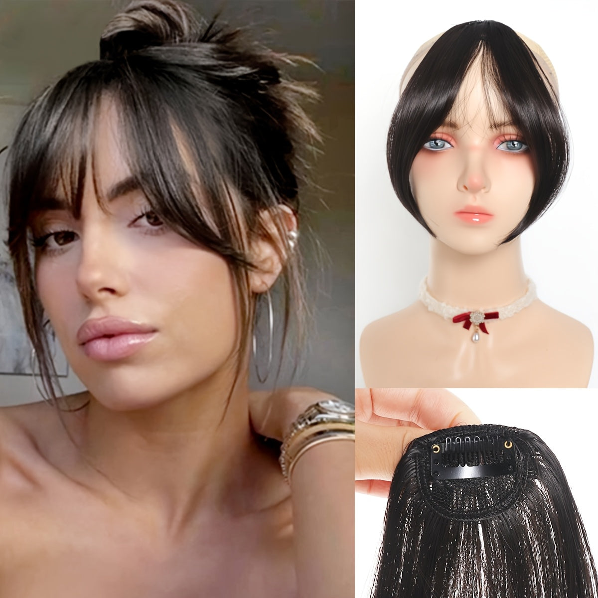 Chic Look| Elegant Brown & Blonde Clip-In Bangs Wig for Women - Fluffy Synthetic Hair with Natural Side Fringe, High-Temperature Resistant, Versatile Styling Options, Short Hair Wig