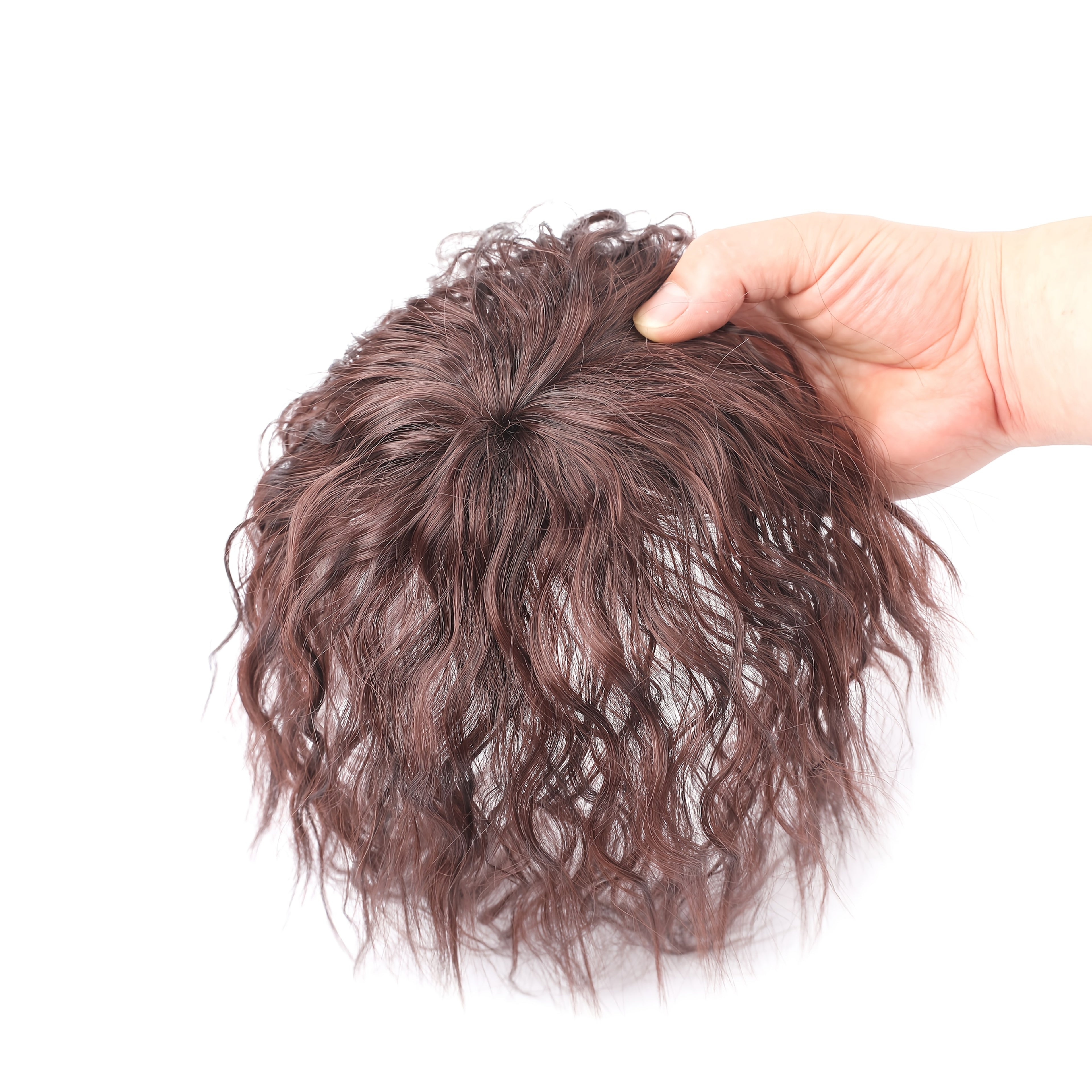 Curly Wave Clip-In Hair Topper for Women - Corn Perm Style Synthetic Hairpiece with Bangs, Voluminous Loose Wave Hairpiece for Diverse Hairstyles, Elegant Brown Water Wave Design, Versatile Hair Accessory, Stylish Hairpiece, Natural Look Hairpiece