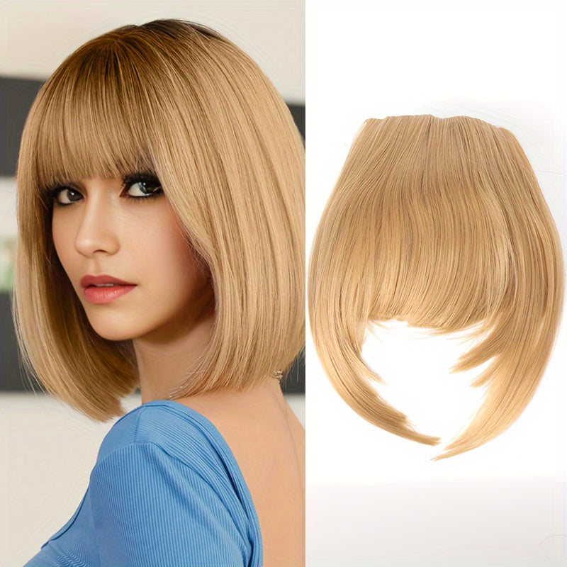 Chic Brown Clip-In Air Bangs for Women - Heat Resistant Synthetic Hair Extension with Neat Front Fringe, One Piece, Easy to Attach, Perfect for All Skin Tones