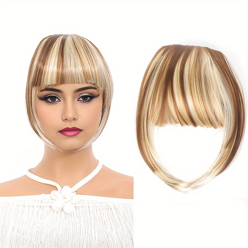 Chic Brown Clip-In Air Bangs for Women - Heat Resistant Synthetic Hair Extension with Neat Front Fringe, One Piece, Easy to Attach, Perfect for All Skin Tones