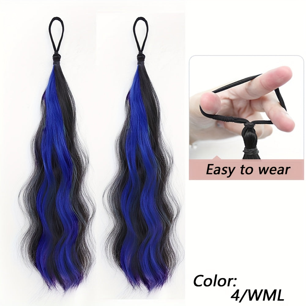 2pcs Long Wavy Highlight Color Braided Ponytail for Women Synthetic Wigs with Rubber Bands Curly Ponytail Extensions Elastic Hair Band