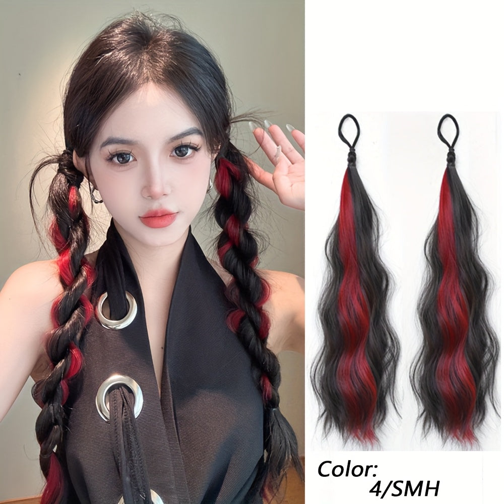 2pcs Long Wavy Highlight Color Braided Ponytail for Women Synthetic Wigs with Rubber Bands Curly Ponytail Extensions Elastic Hair Band