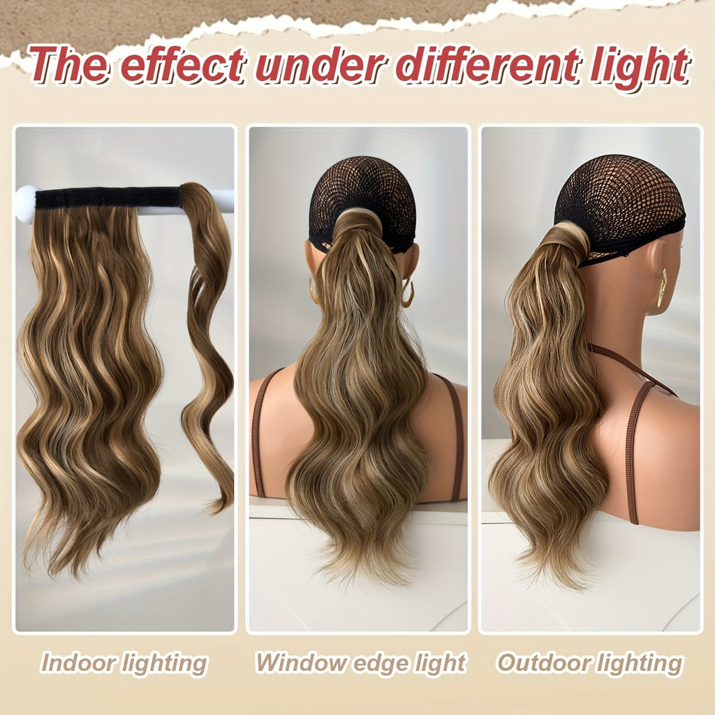 Clip Style Golden Ponytail Extension Wrap - Dark Brown Body Wave Synthetic Hair, 35.56 cm Heat-Resistant Hard Hairpiece for Women & Girls, Daily Use Ponytail Wrap for Volume & Texture, Ponytail Hair Extensions, Secure Clip Attachment