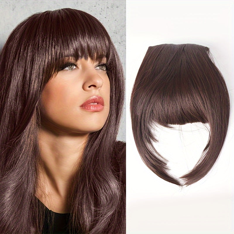 Chic Brown Clip-In Air Bangs for Women - Heat Resistant Synthetic Hair Extension with Neat Front Fringe, One Piece, Easy to Attach, Perfect for All Skin Tones