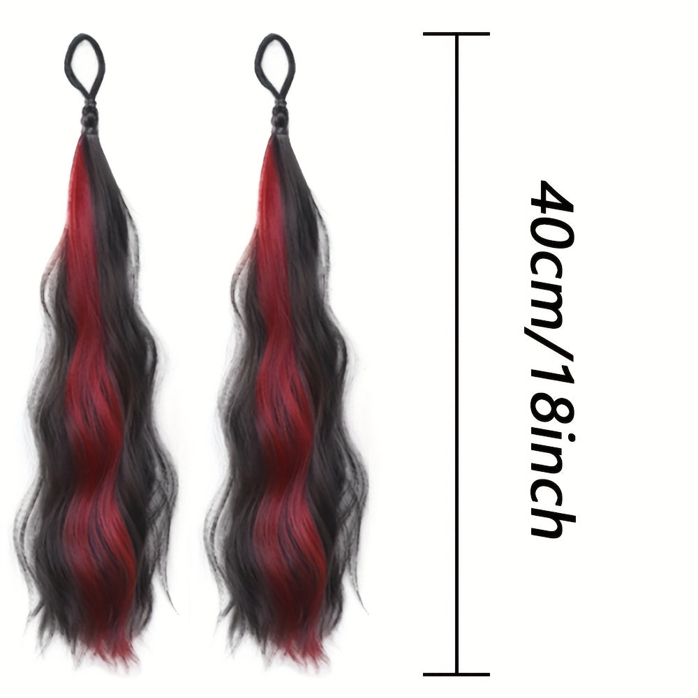 2pcs Long Wavy Highlight Color Braided Ponytail for Women Synthetic Wigs with Rubber Bands Curly Ponytail Extensions Elastic Hair Band