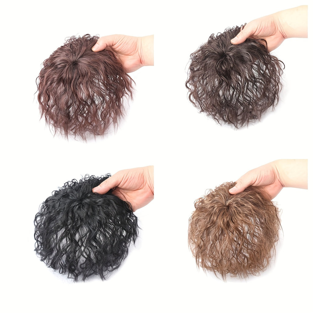 Curly Wave Clip-In Hair Topper for Women - Corn Perm Style Synthetic Hairpiece with Bangs, Voluminous Loose Wave Hairpiece for Diverse Hairstyles, Elegant Brown Water Wave Design, Versatile Hair Accessory, Stylish Hairpiece, Natural Look Hairpiece
