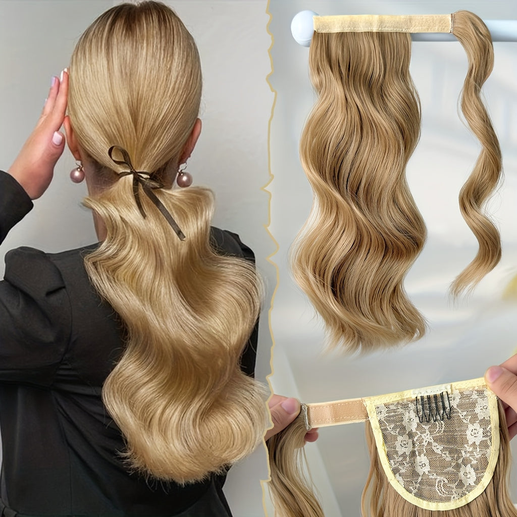 Clip Style Golden Ponytail Extension Wrap - Dark Brown Body Wave Synthetic Hair, 35.56 cm Heat-Resistant Hard Hairpiece for Women & Girls, Daily Use Ponytail Wrap for Volume & Texture, Ponytail Hair Extensions, Secure Clip Attachment