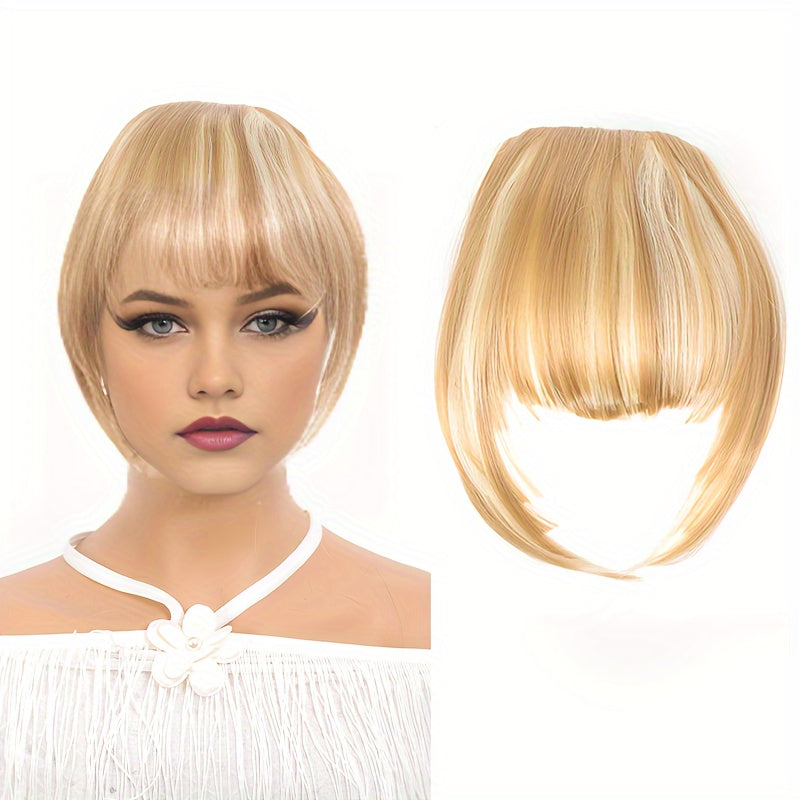 Chic Brown Clip-In Air Bangs for Women - Heat Resistant Synthetic Hair Extension with Neat Front Fringe, One Piece, Easy to Attach, Perfect for All Skin Tones