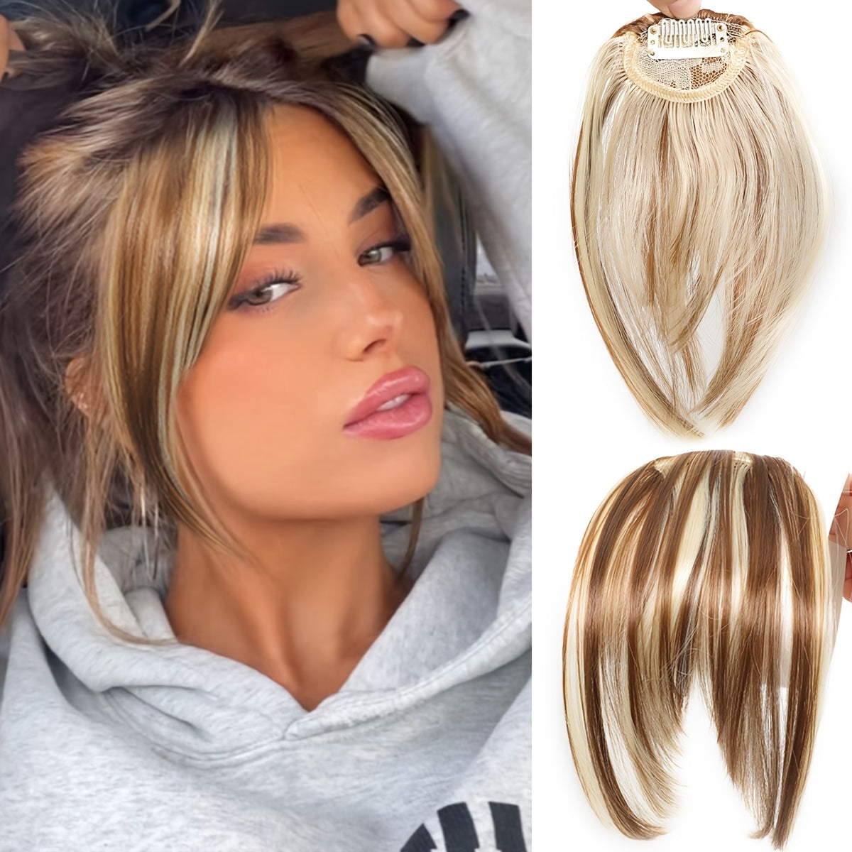 Chic Look| Elegant Brown & Blonde Clip-In Bangs Wig for Women - Fluffy Synthetic Hair with Natural Side Fringe, High-Temperature Resistant, Versatile Styling Options, Short Hair Wig