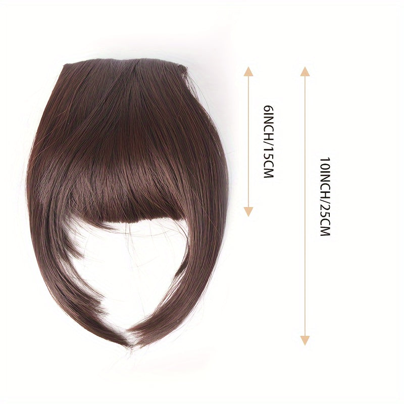 Chic Brown Clip-In Air Bangs for Women - Heat Resistant Synthetic Hair Extension with Neat Front Fringe, One Piece, Easy to Attach, Perfect for All Skin Tones