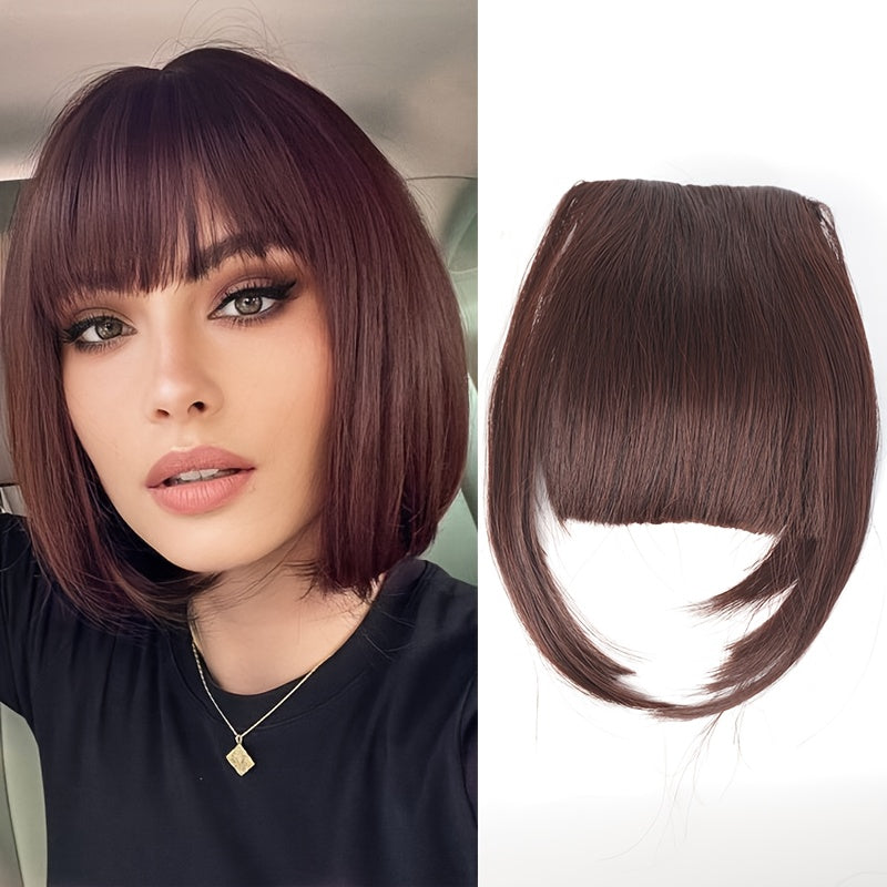Chic Brown Clip-In Air Bangs for Women - Heat Resistant Synthetic Hair Extension with Neat Front Fringe, One Piece, Easy to Attach, Perfect for All Skin Tones