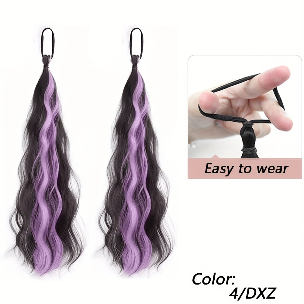 2pcs Long Wavy Highlight Color Braided Ponytail for Women Synthetic Wigs with Rubber Bands Curly Ponytail Extensions Elastic Hair Band