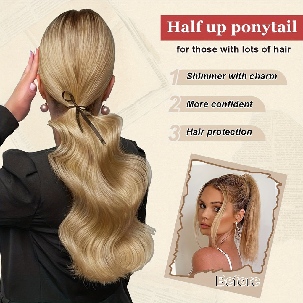 Clip Style Golden Ponytail Extension Wrap - Dark Brown Body Wave Synthetic Hair, 35.56 cm Heat-Resistant Hard Hairpiece for Women & Girls, Daily Use Ponytail Wrap for Volume & Texture, Ponytail Hair Extensions, Secure Clip Attachment