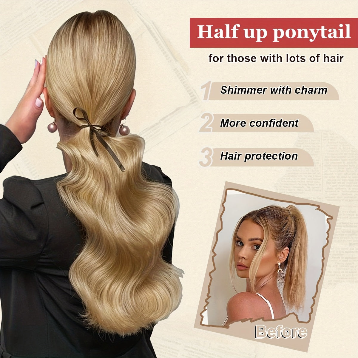 Clip Style Golden Ponytail Extension Wrap - Dark Brown Body Wave Synthetic Hair, 35.56 cm Heat-Resistant Hard Hairpiece for Women & Girls, Daily Use Ponytail Wrap for Volume & Texture, Ponytail Hair Extensions, Secure Clip Attachment