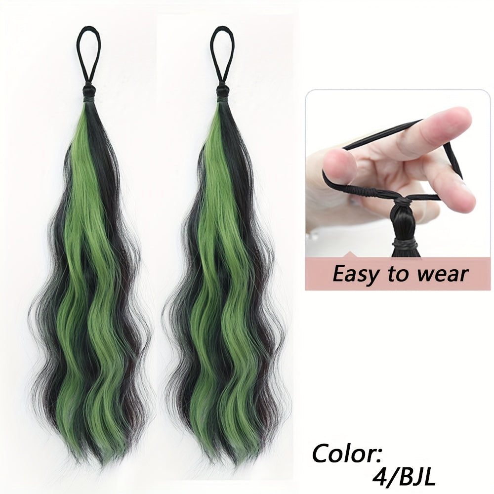 2pcs Long Wavy Highlight Color Braided Ponytail for Women Synthetic Wigs with Rubber Bands Curly Ponytail Extensions Elastic Hair Band