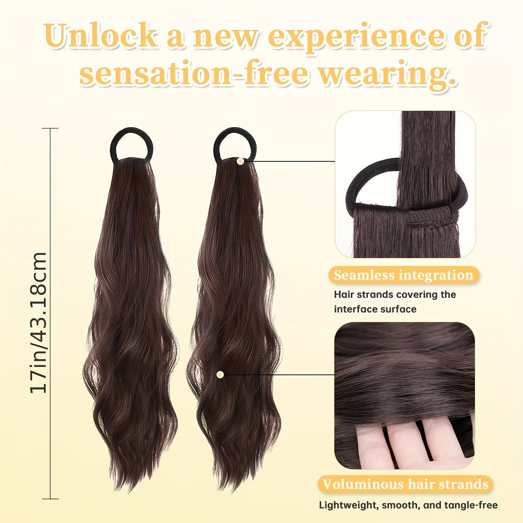 2pcs Curly Ponytail Extension with Elastic Tie 43.18 cm Resistant Synthetic Natural Wavy Hairpiece Pony Tail Hair Extensions Wave Fake Ponytail Hairpieces for Women Daily Wear Party Wave Music Festival(Brown)