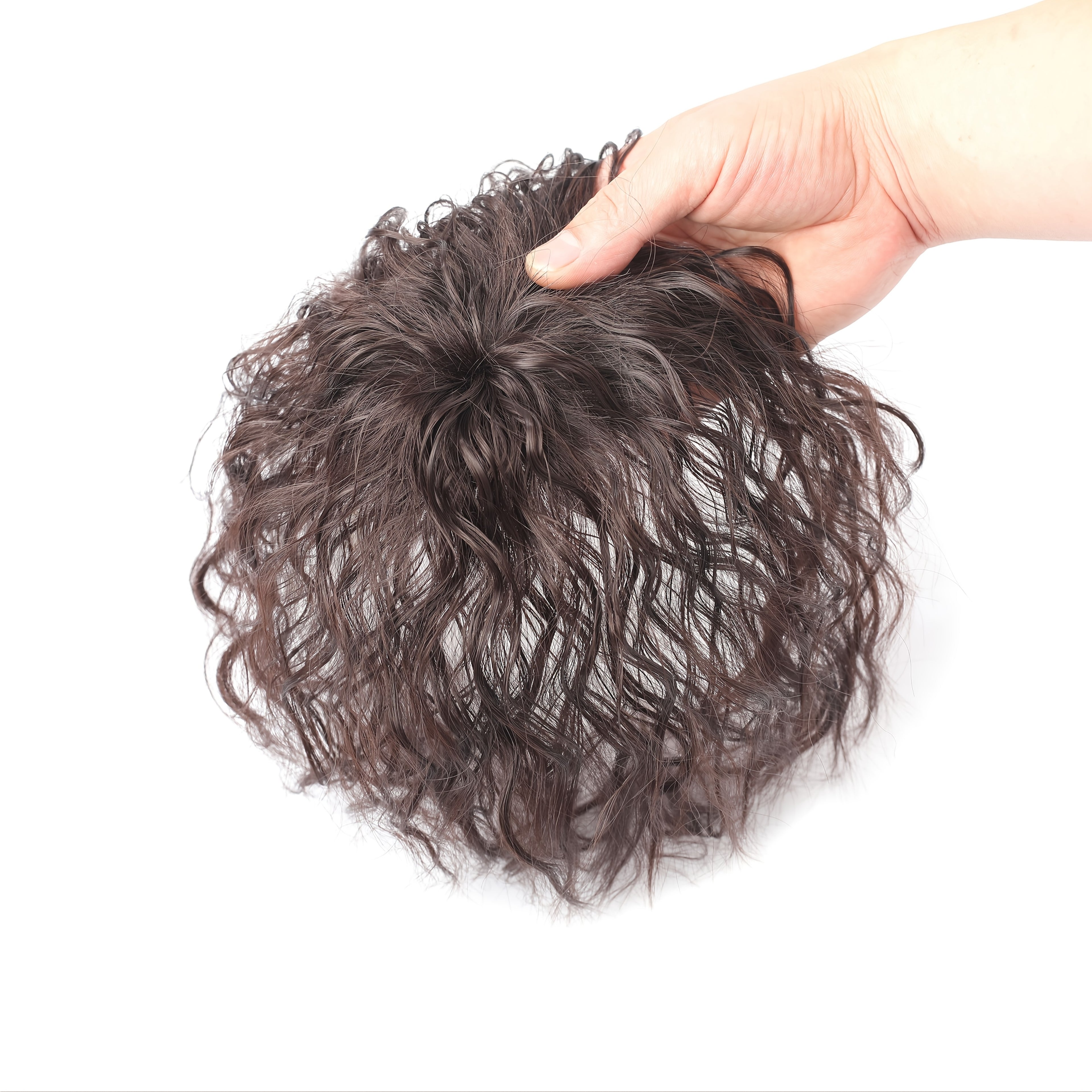 Curly Wave Clip-In Hair Topper for Women - Corn Perm Style Synthetic Hairpiece with Bangs, Voluminous Loose Wave Hairpiece for Diverse Hairstyles, Elegant Brown Water Wave Design, Versatile Hair Accessory, Stylish Hairpiece, Natural Look Hairpiece
