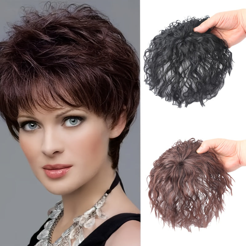Curly Wave Clip-In Hair Topper for Women - Corn Perm Style Synthetic Hairpiece with Bangs, Voluminous Loose Wave Hairpiece for Diverse Hairstyles, Elegant Brown Water Wave Design, Versatile Hair Accessory, Stylish Hairpiece, Natural Look Hairpiece