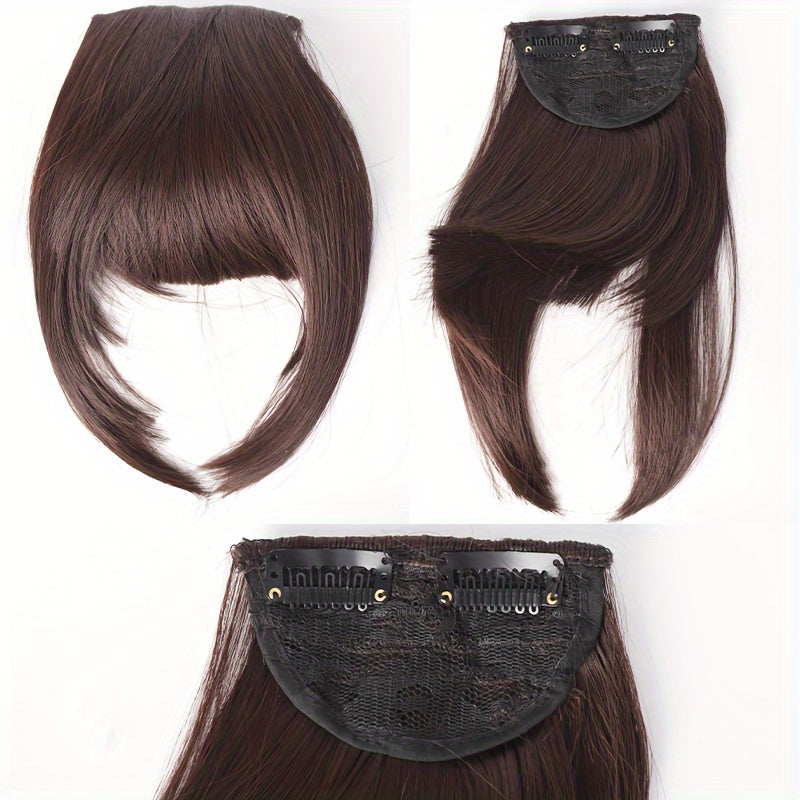 Chic Brown Clip-In Air Bangs for Women - Heat Resistant Synthetic Hair Extension with Neat Front Fringe, One Piece, Easy to Attach, Perfect for All Skin Tones