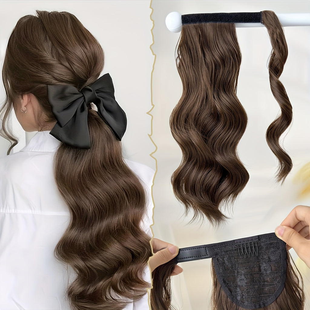 Clip Style Golden Ponytail Extension Wrap - Dark Brown Body Wave Synthetic Hair, 35.56 cm Heat-Resistant Hard Hairpiece for Women & Girls, Daily Use Ponytail Wrap for Volume & Texture, Ponytail Hair Extensions, Secure Clip Attachment
