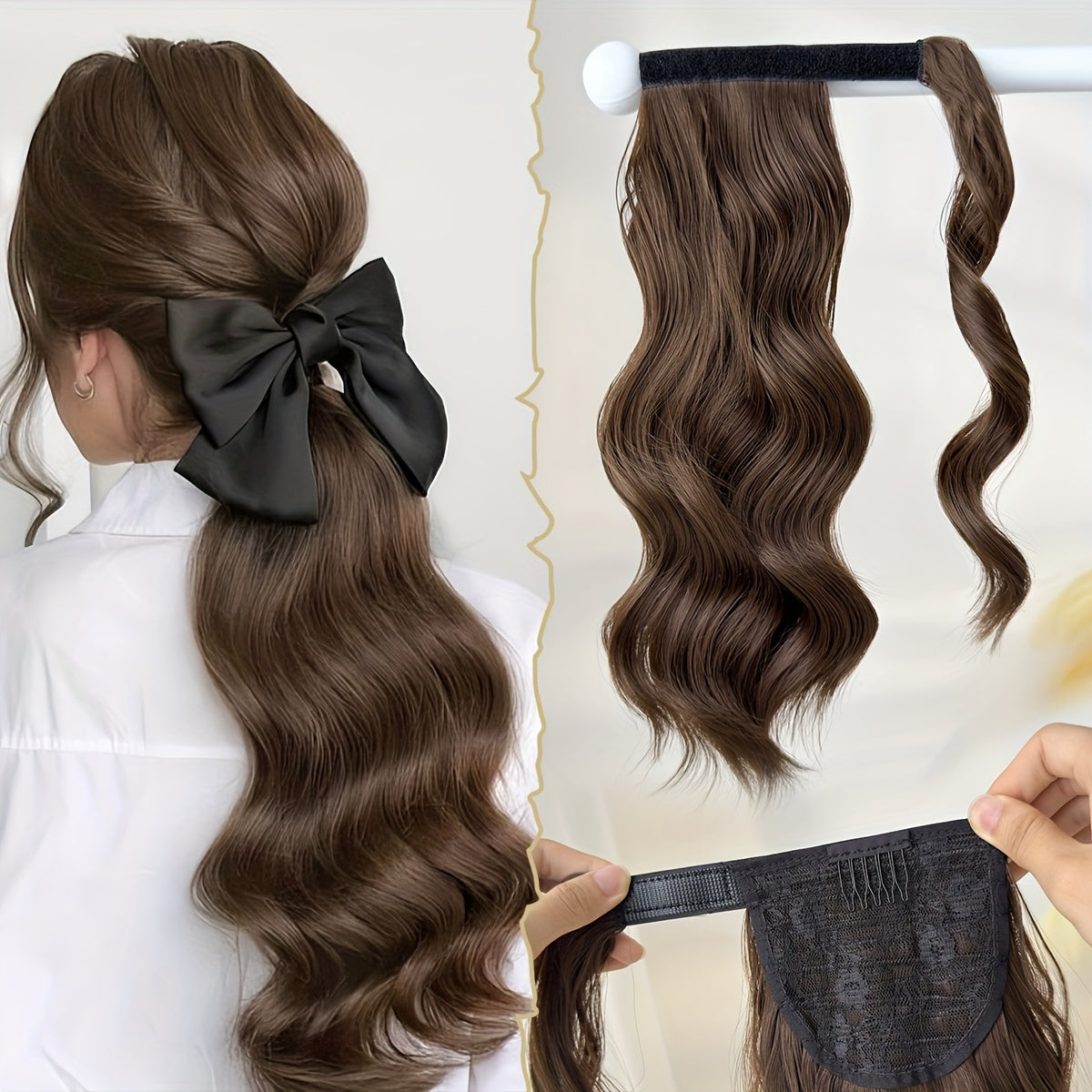 Clip Style Golden Ponytail Extension Wrap - Dark Brown Body Wave Synthetic Hair, 35.56 cm Heat-Resistant Hard Hairpiece for Women & Girls, Daily Use Ponytail Wrap for Volume & Texture, Ponytail Hair Extensions, Secure Clip Attachment