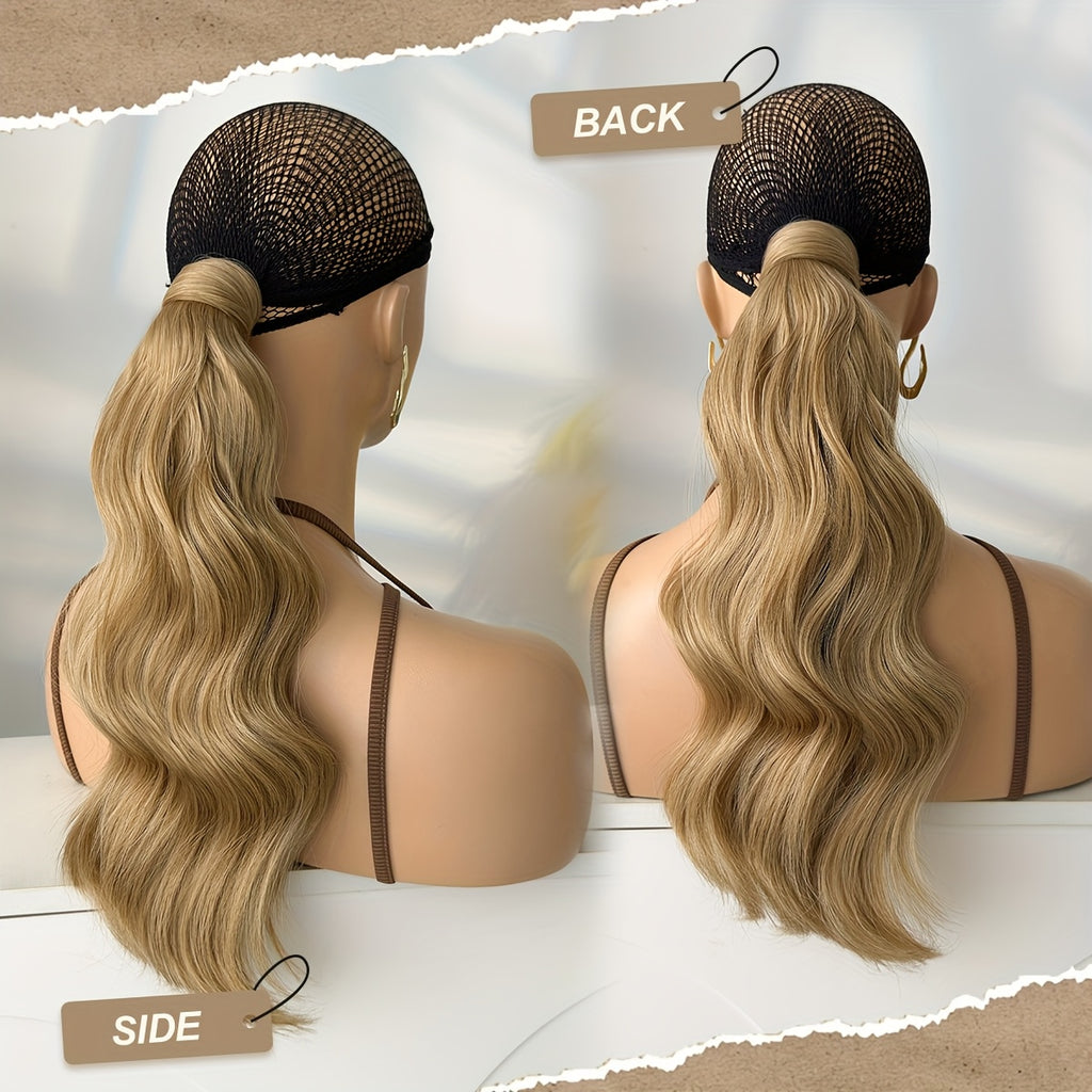 Clip Style Golden Ponytail Extension Wrap - Dark Brown Body Wave Synthetic Hair, 35.56 cm Heat-Resistant Hard Hairpiece for Women & Girls, Daily Use Ponytail Wrap for Volume & Texture, Ponytail Hair Extensions, Secure Clip Attachment