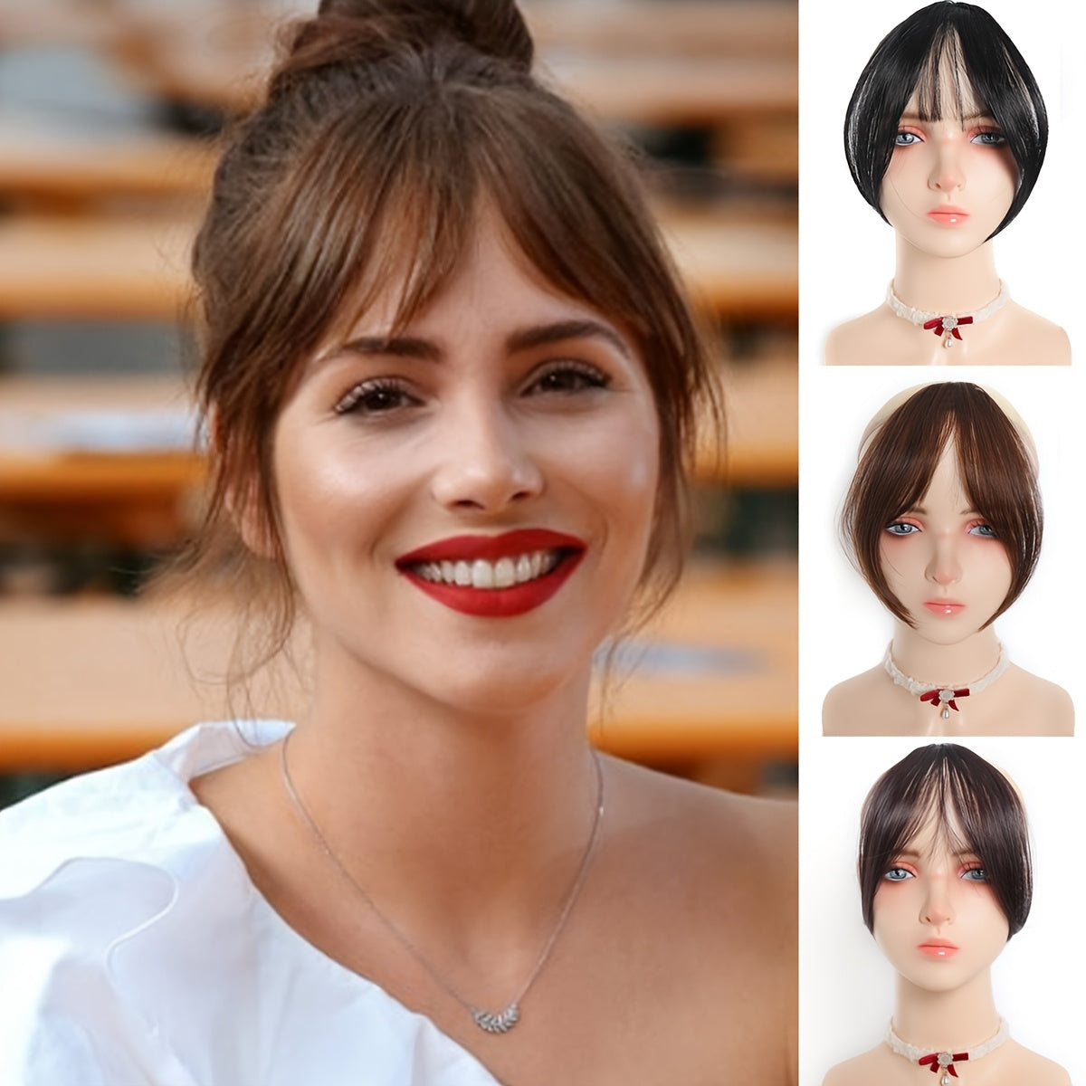Chic Look| Elegant Brown & Blonde Clip-In Bangs Wig for Women - Fluffy Synthetic Hair with Natural Side Fringe, High-Temperature Resistant, Versatile Styling Options, Short Hair Wig