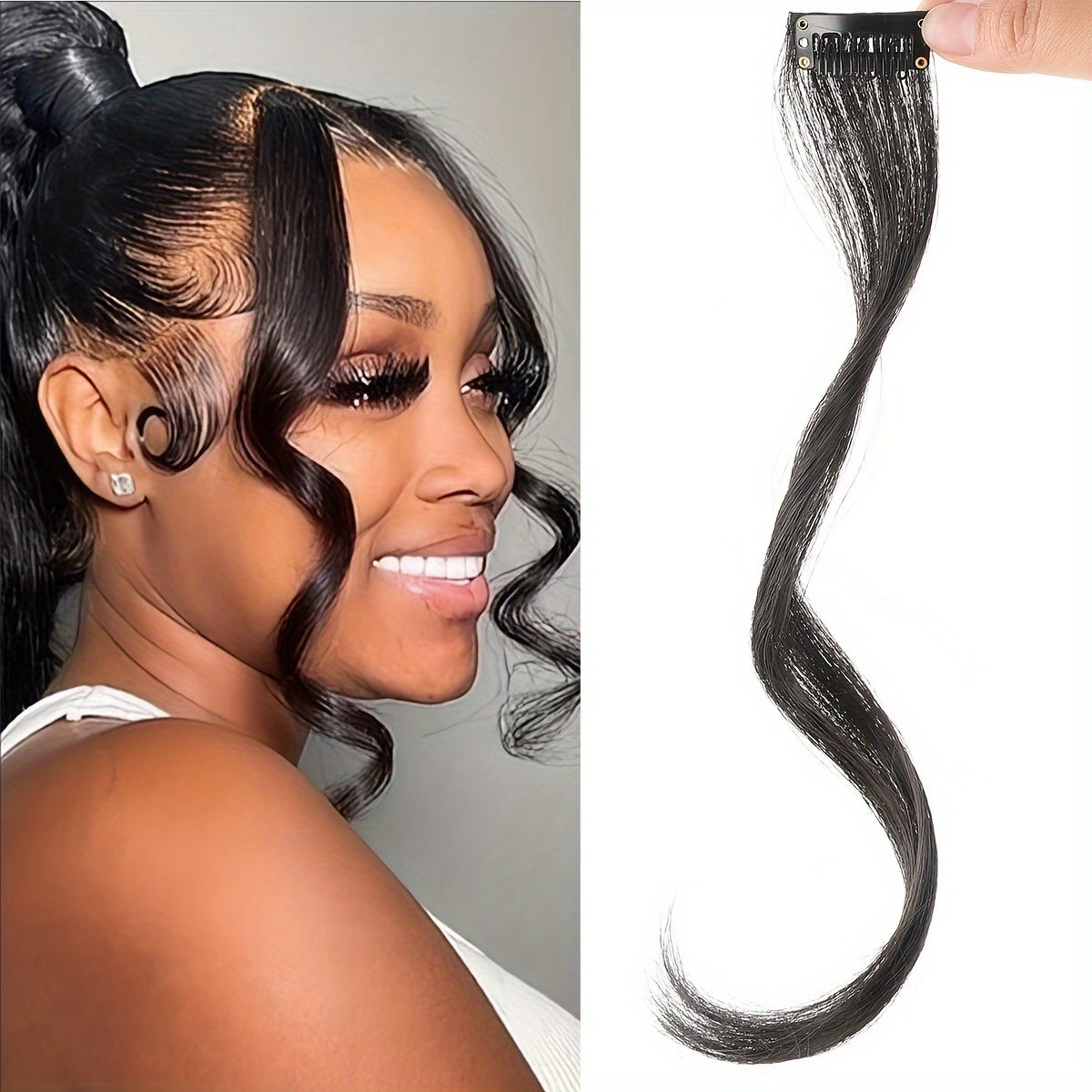 1pc Elegant Curly Wave Synthetic Side Bangs for Women, Clip-In Wavy Fringe Hairpiece, Long Hair Extensions Wig, DIY Styling Hair Accessory