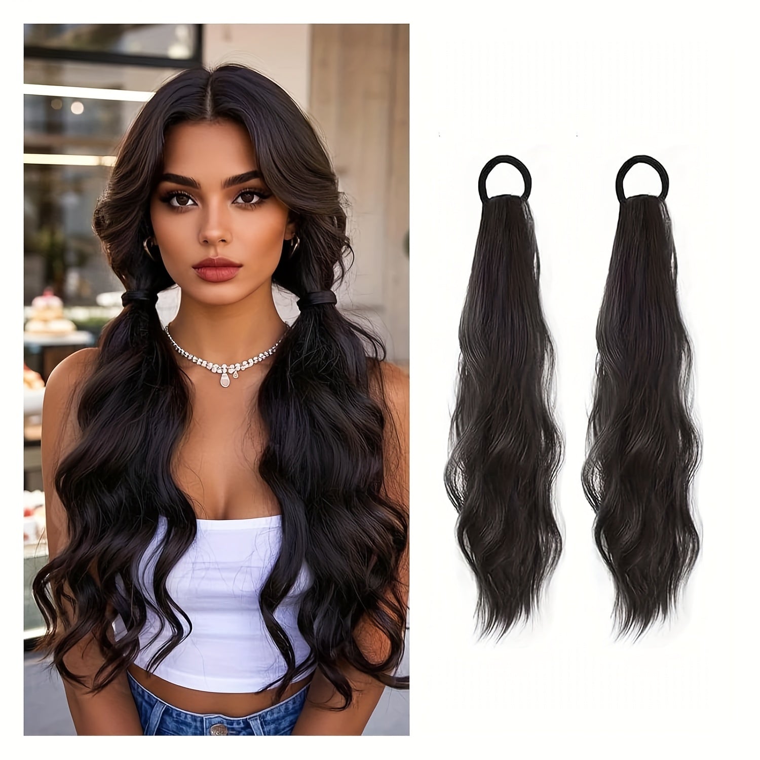 2pcs Curly Ponytail Extension with Elastic Tie 43.18 cm Resistant Synthetic Natural Wavy Hairpiece Pony Tail Hair Extensions Wave Fake Ponytail Hairpieces for Women Daily Wear Party Wave Music Festival(Brown)