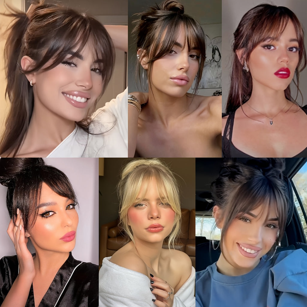 Chic Look| Elegant Brown & Blonde Clip-In Bangs Wig for Women - Fluffy Synthetic Hair with Natural Side Fringe, High-Temperature Resistant, Versatile Styling Options, Short Hair Wig