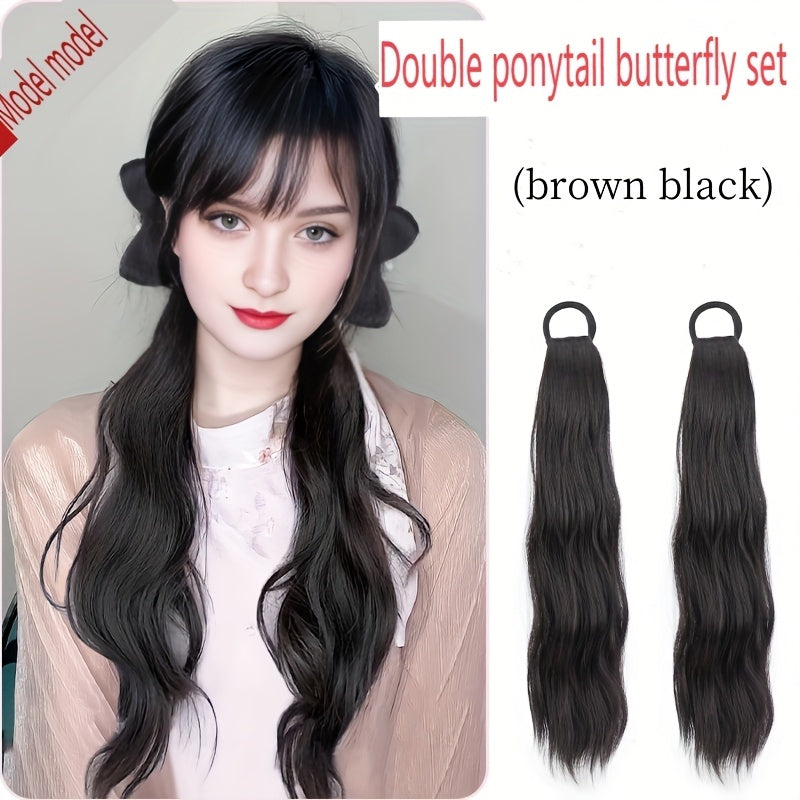 2pcs Elegant Water Wave Ponytail Extensions for Women, 20 Inch High Temperature Fiber, Natural Curl, Elastic Band, Versatile Styling Options, Suitable for All Ages, Ponytail Hair Extensions
